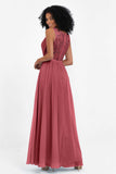 A Line Chiffon Bridesmaid Dress With Lace Ruched Sleeveless Formal Evening Prom Dresses