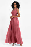 A Line Chiffon Bridesmaid Dress With Lace Ruched Sleeveless Formal Evening Prom Dresses