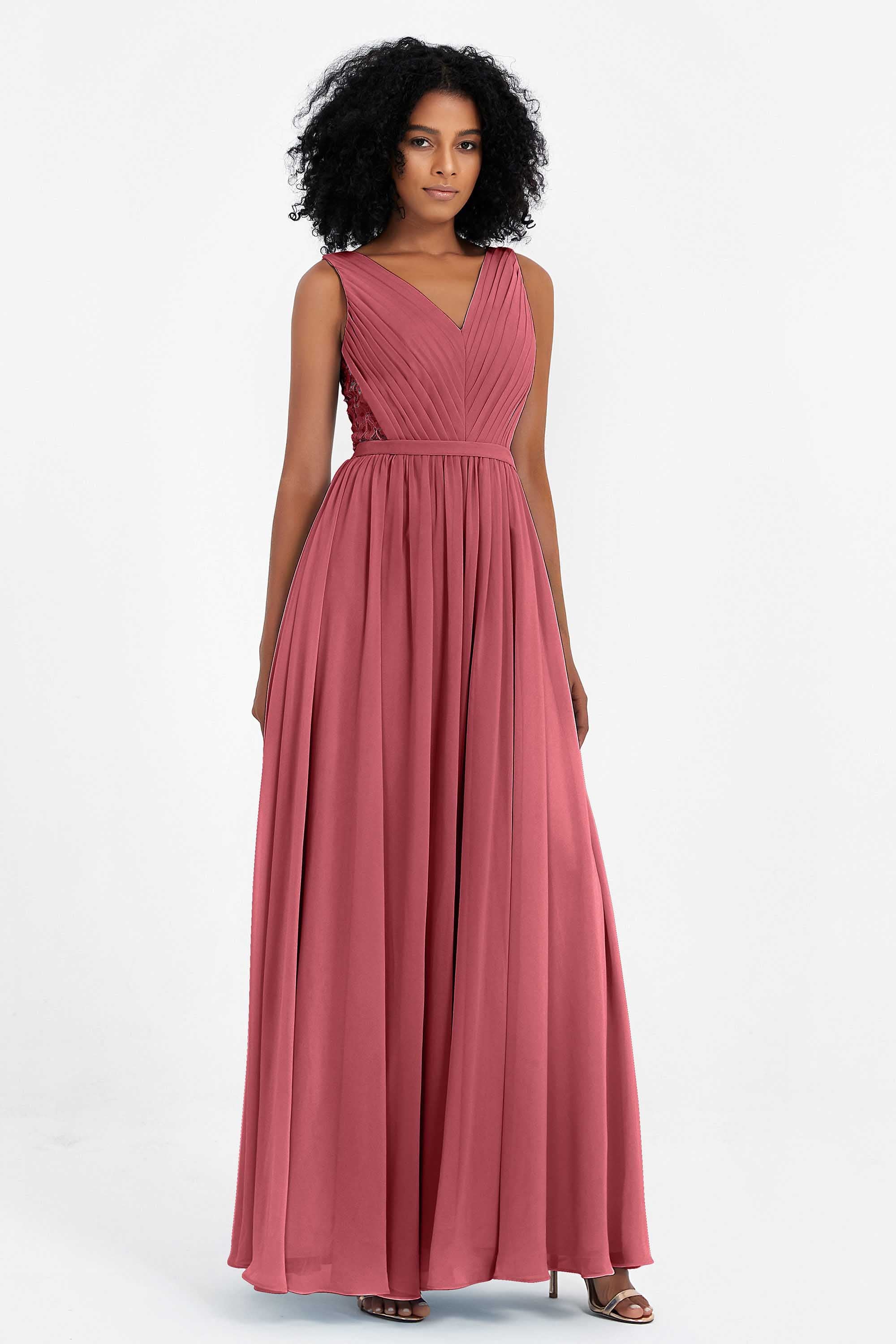 A Line Chiffon Bridesmaid Dress With Lace Ruched Sleeveless Formal Evening Prom Dresses