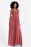 A Line Chiffon Bridesmaid Dress With Lace Ruched Sleeveless Formal Evening Prom Dresses