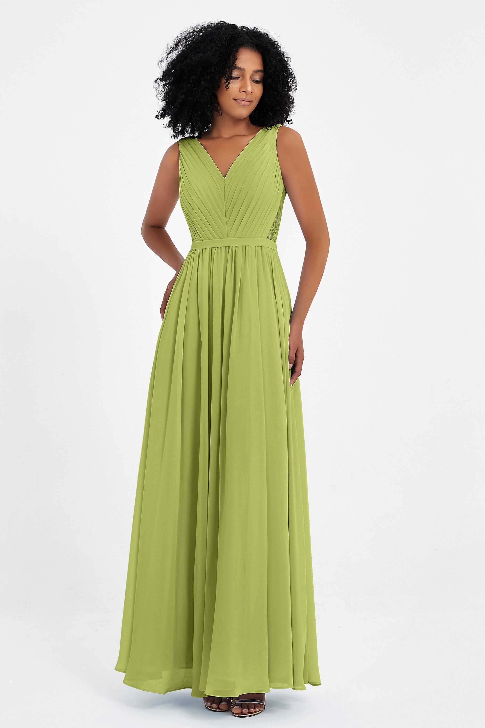 A Line Chiffon Bridesmaid Dress With Lace Ruched Sleeveless Formal Evening Prom Dresses