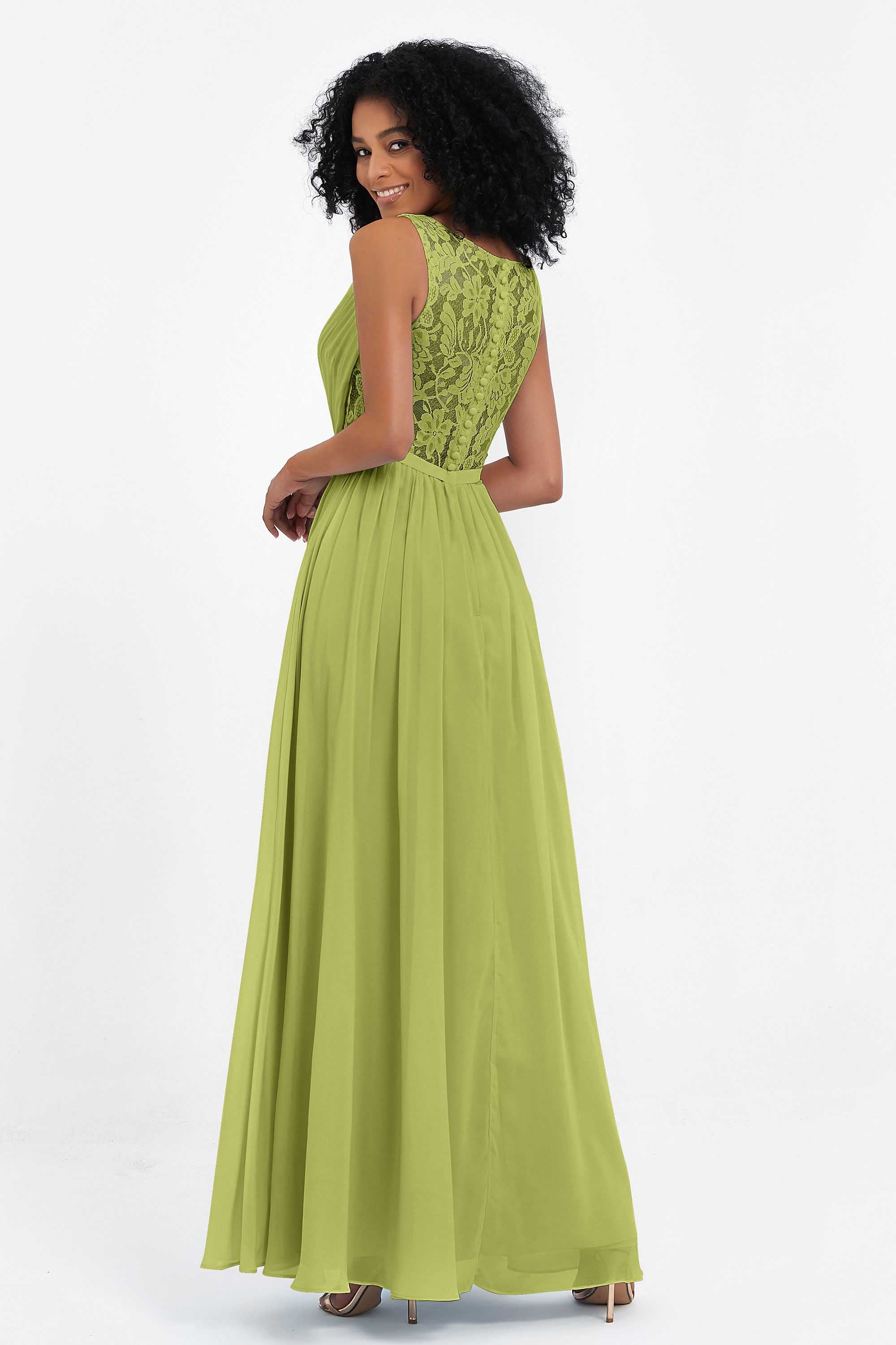 A Line Chiffon Bridesmaid Dress With Lace Ruched Sleeveless Formal Evening Prom Dresses