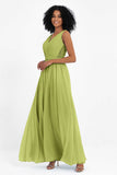 A Line Chiffon Bridesmaid Dress With Lace Ruched Sleeveless Formal Evening Prom Dresses