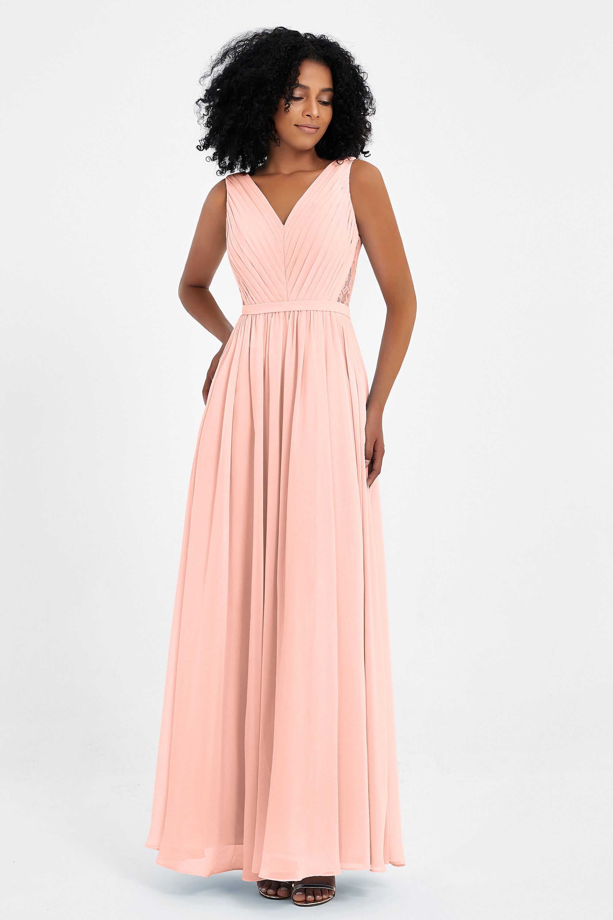 A Line Chiffon Bridesmaid Dress With Lace Ruched Sleeveless Formal Evening Prom Dresses