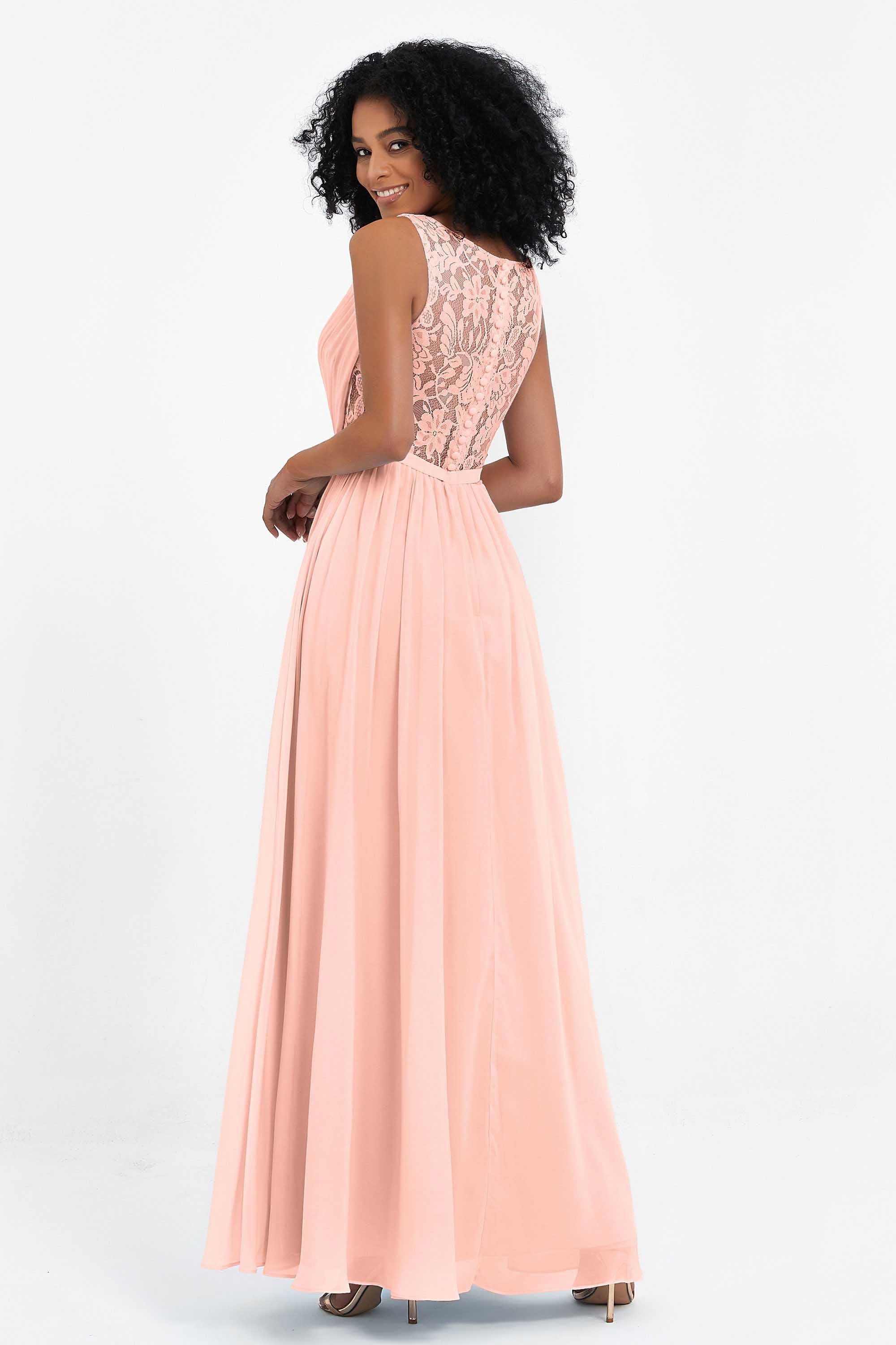 A Line Chiffon Bridesmaid Dress With Lace Ruched Sleeveless Formal Evening Prom Dresses