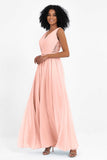 A Line Chiffon Bridesmaid Dress With Lace Ruched Sleeveless Formal Evening Prom Dresses
