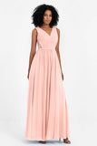 A Line Chiffon Bridesmaid Dress With Lace Ruched Sleeveless Formal Evening Prom Dresses
