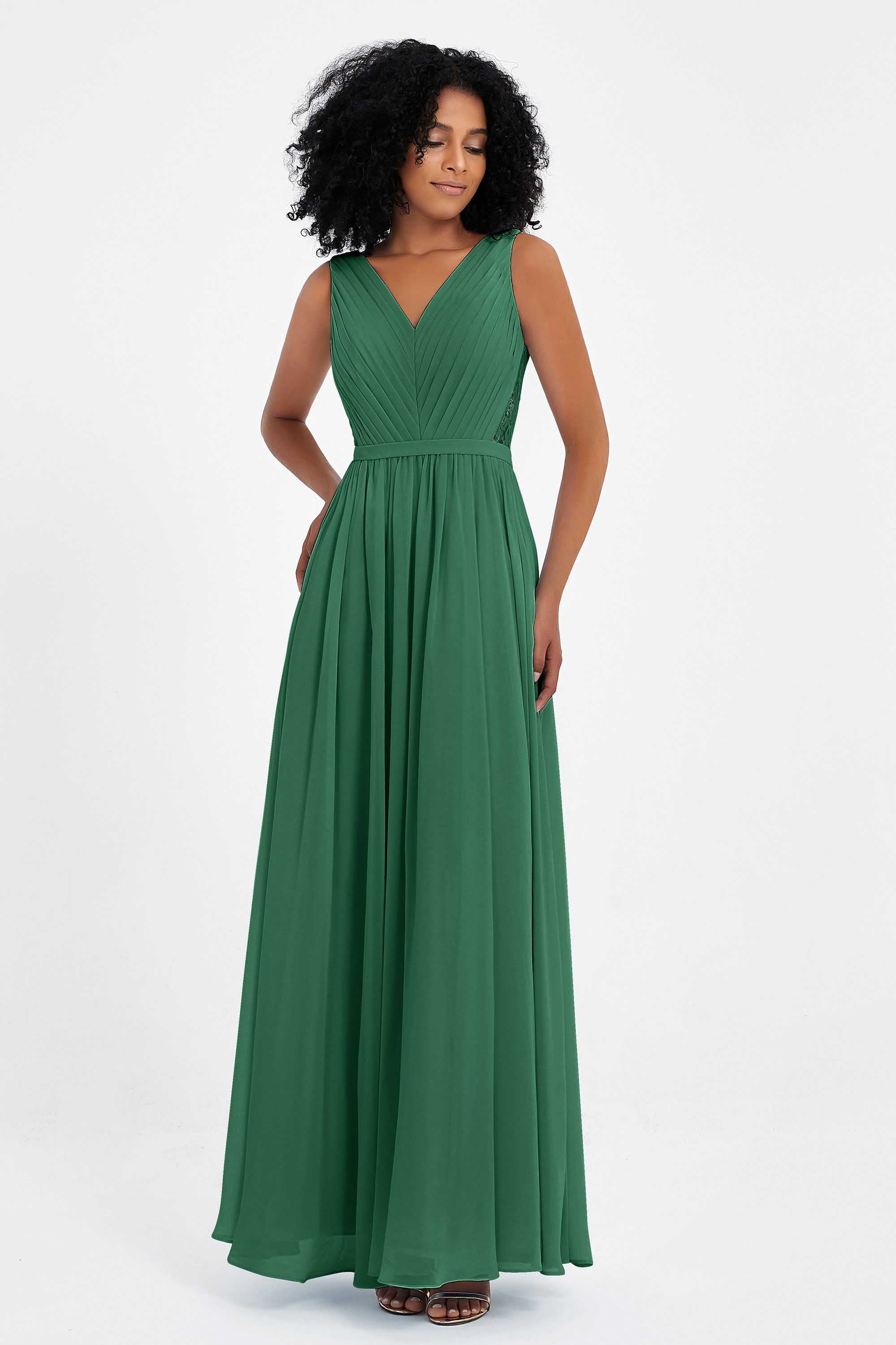 A Line Chiffon Bridesmaid Dress With Lace Ruched Sleeveless Formal Evening Prom Dresses