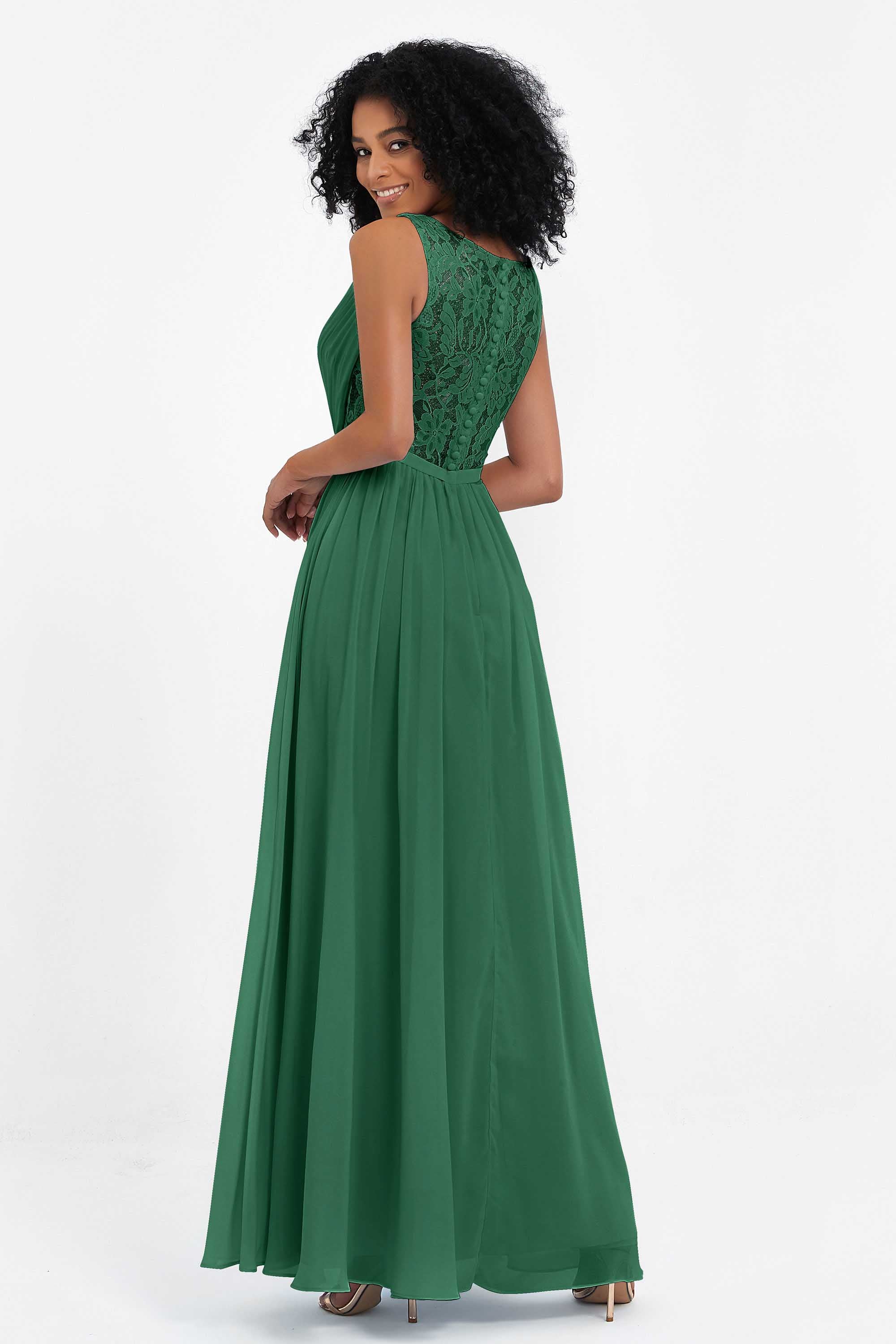 A Line Chiffon Bridesmaid Dress With Lace Ruched Sleeveless Formal Evening Prom Dresses