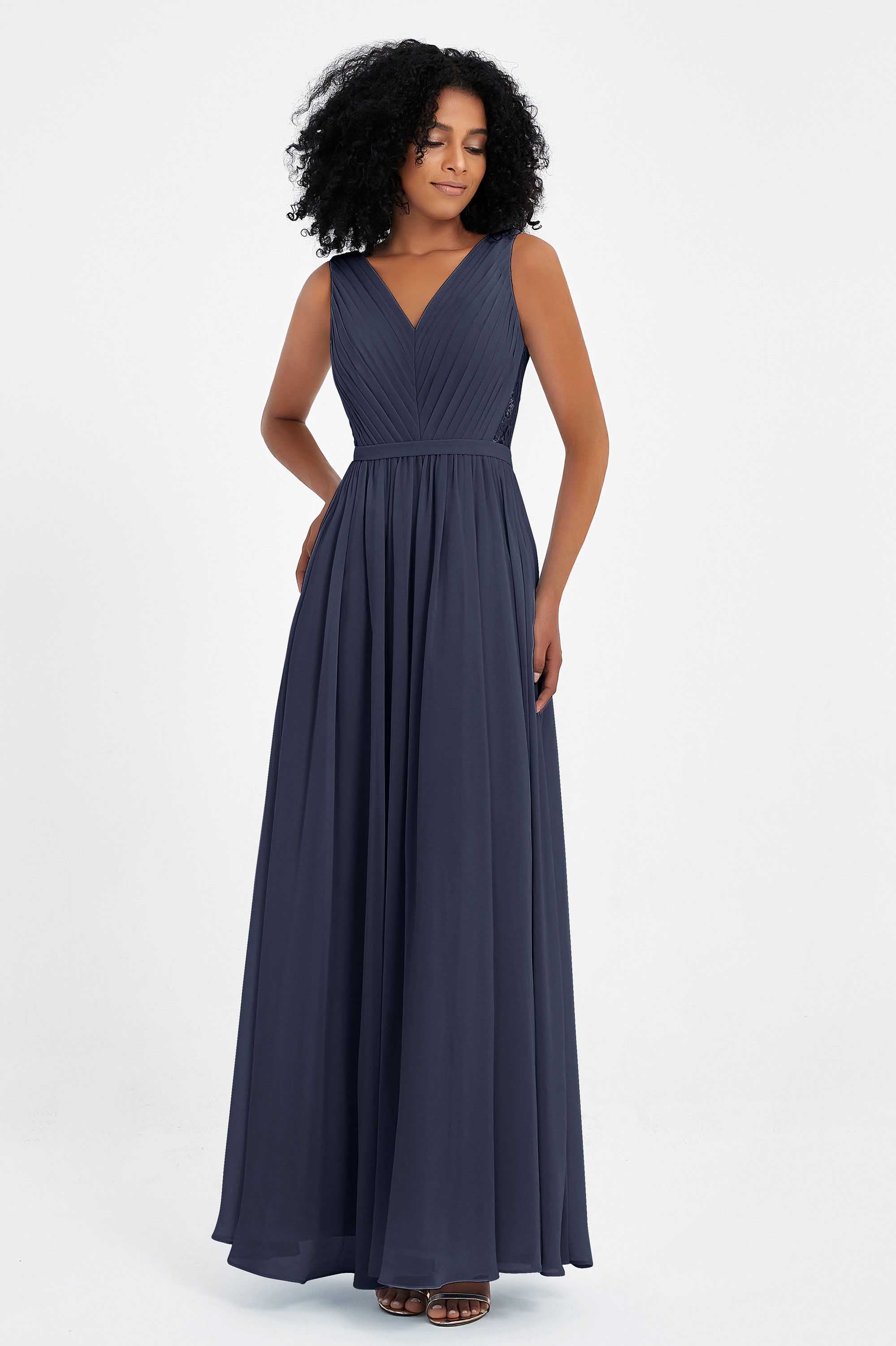 A Line Chiffon Bridesmaid Dress With Lace Ruched Sleeveless Formal Evening Prom Dresses