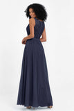A Line Chiffon Bridesmaid Dress With Lace Ruched Sleeveless Formal Evening Prom Dresses