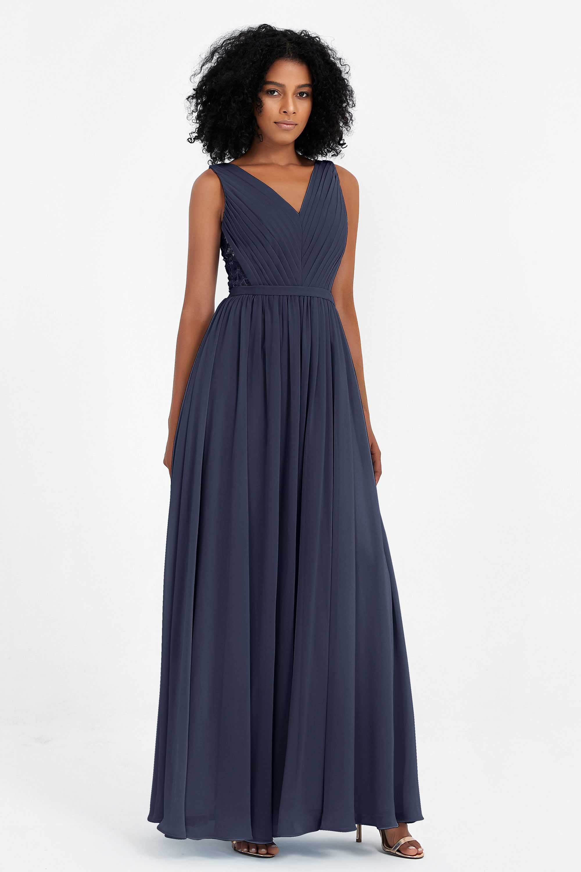 A Line Chiffon Bridesmaid Dress With Lace Ruched Sleeveless Formal Evening Prom Dresses