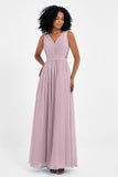 A Line Chiffon Bridesmaid Dress With Lace Ruched Sleeveless Formal Evening Prom Dresses