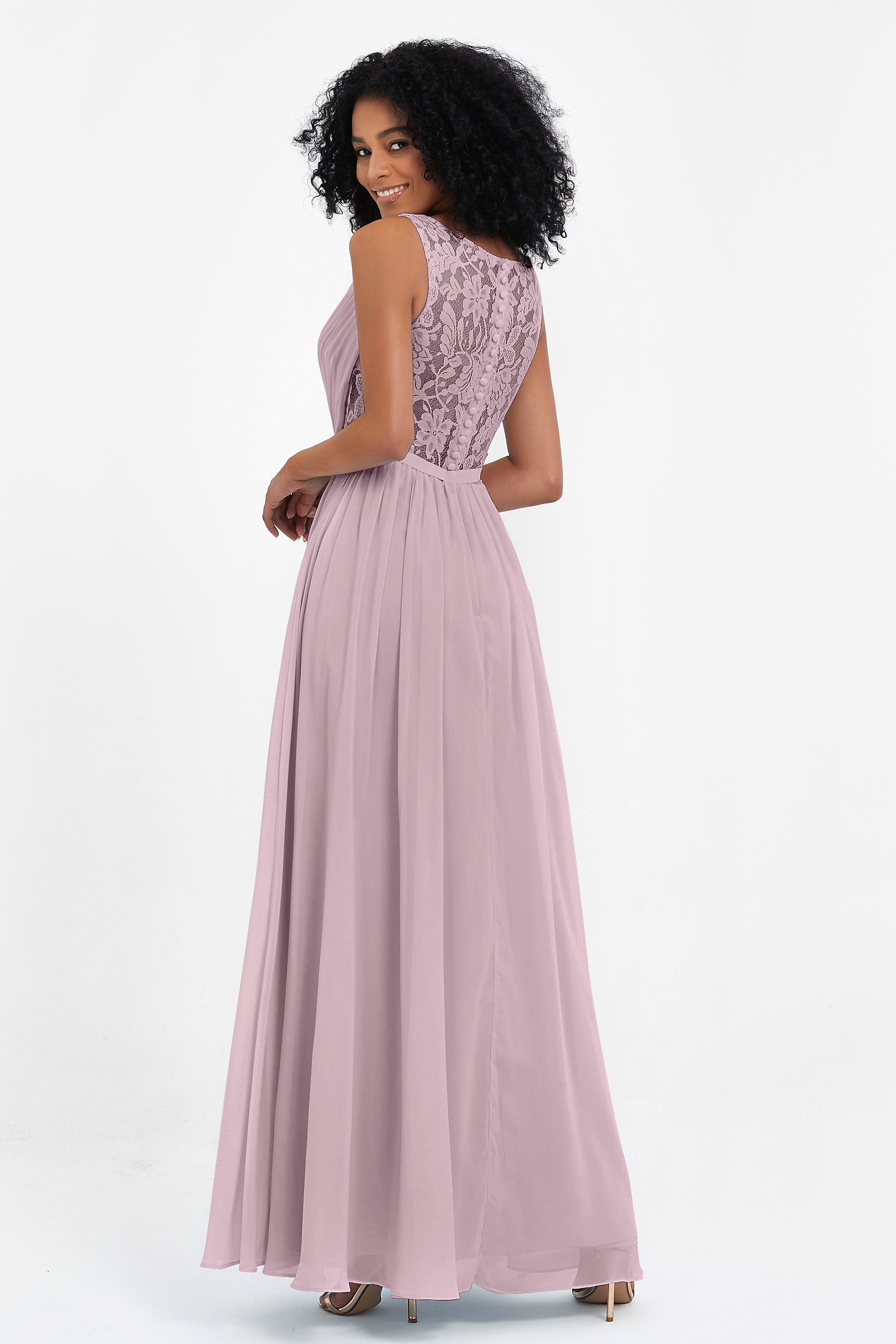 A Line Chiffon Bridesmaid Dress With Lace Ruched Sleeveless Formal Evening Prom Dresses