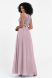 A Line Chiffon Bridesmaid Dress With Lace Ruched Sleeveless Formal Evening Prom Dresses