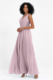 A Line Chiffon Bridesmaid Dress With Lace Ruched Sleeveless Formal Evening Prom Dresses