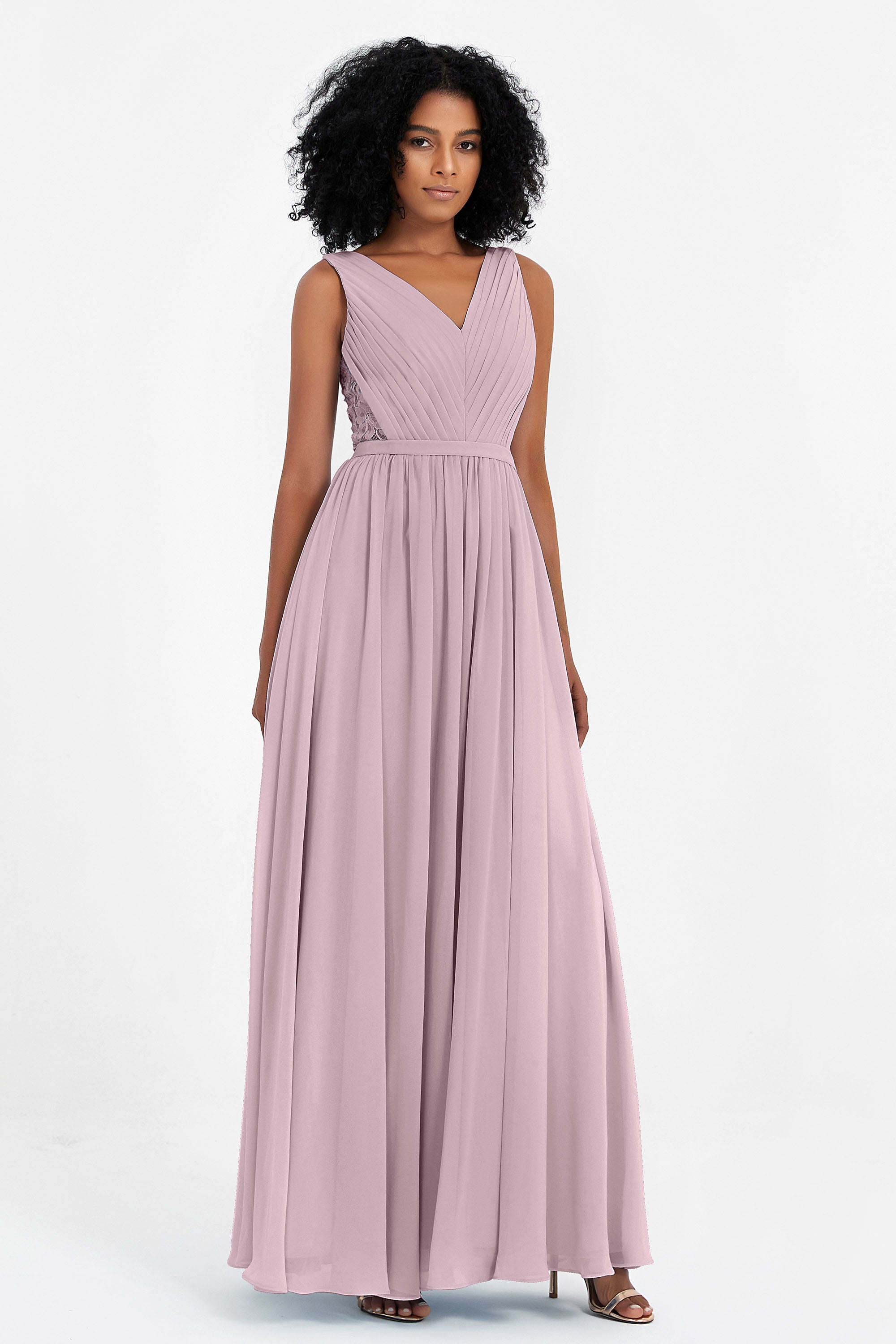 A Line Chiffon Bridesmaid Dress With Lace Ruched Sleeveless Formal Evening Prom Dresses