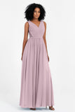 A Line Chiffon Bridesmaid Dress With Lace Ruched Sleeveless Formal Evening Prom Dresses