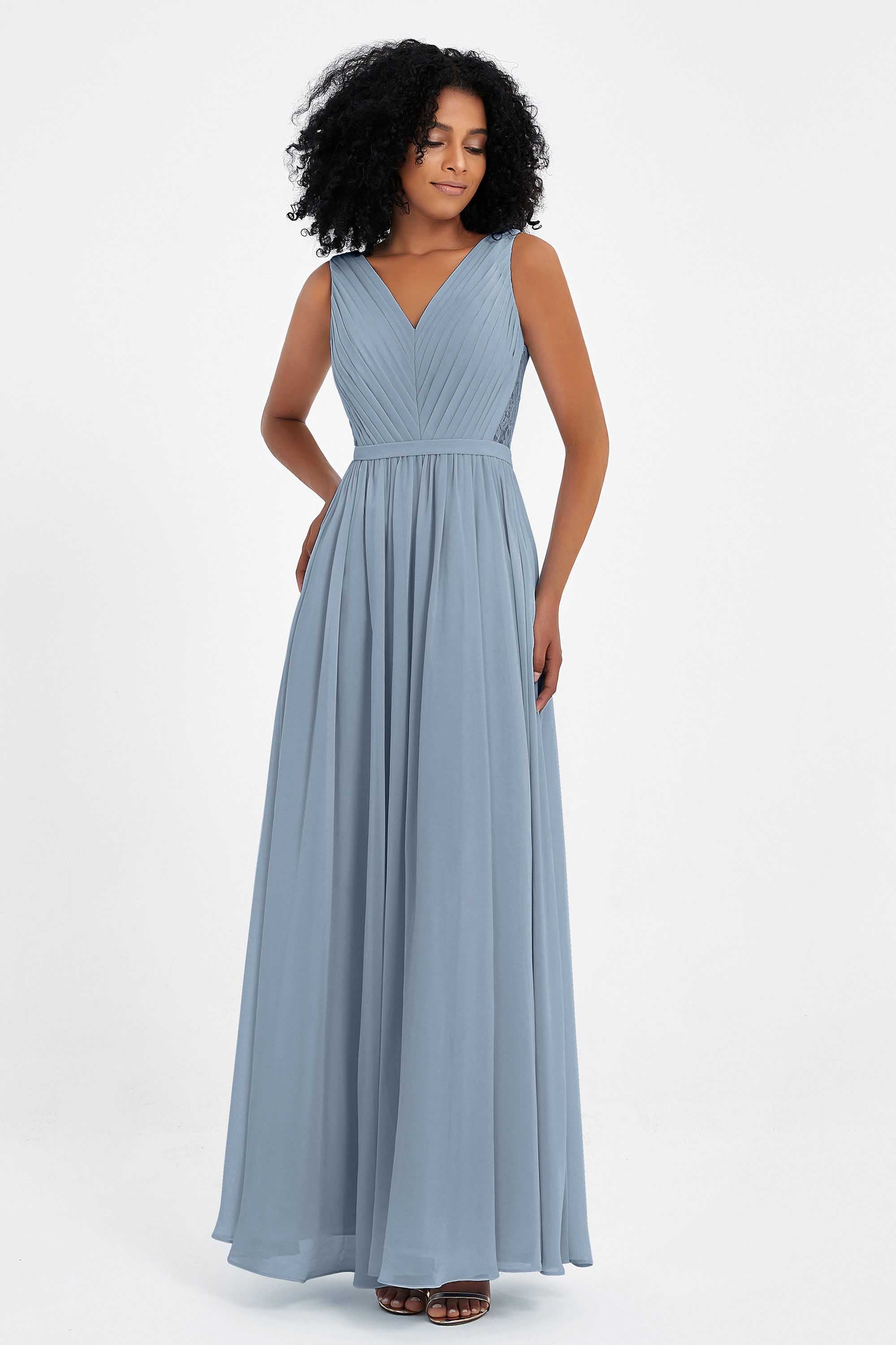A Line Chiffon Bridesmaid Dress With Lace Ruched Sleeveless Formal Evening Prom Dresses
