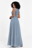 A Line Chiffon Bridesmaid Dress With Lace Ruched Sleeveless Formal Evening Prom Dresses