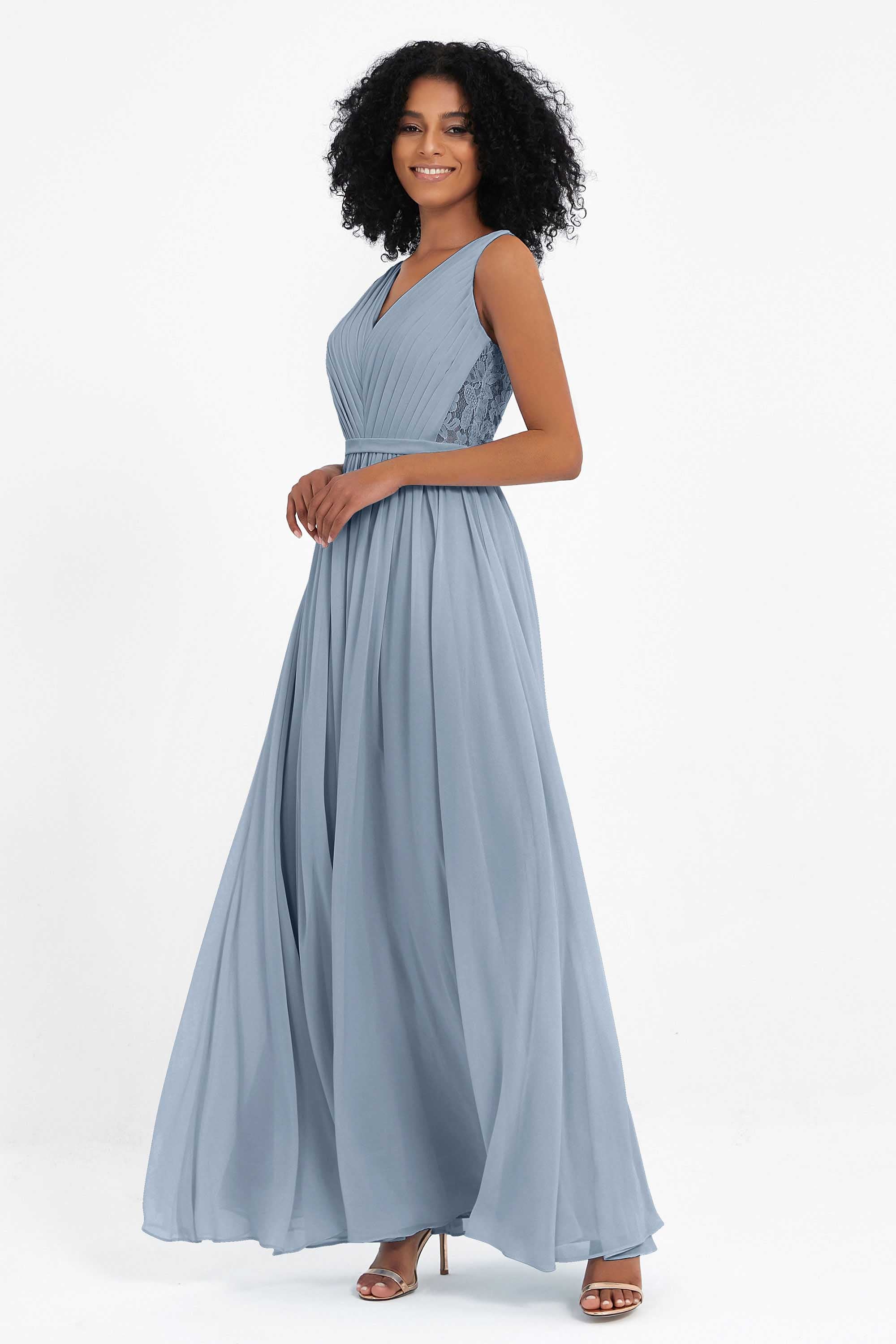 A Line Chiffon Bridesmaid Dress With Lace Ruched Sleeveless Formal Evening Prom Dresses