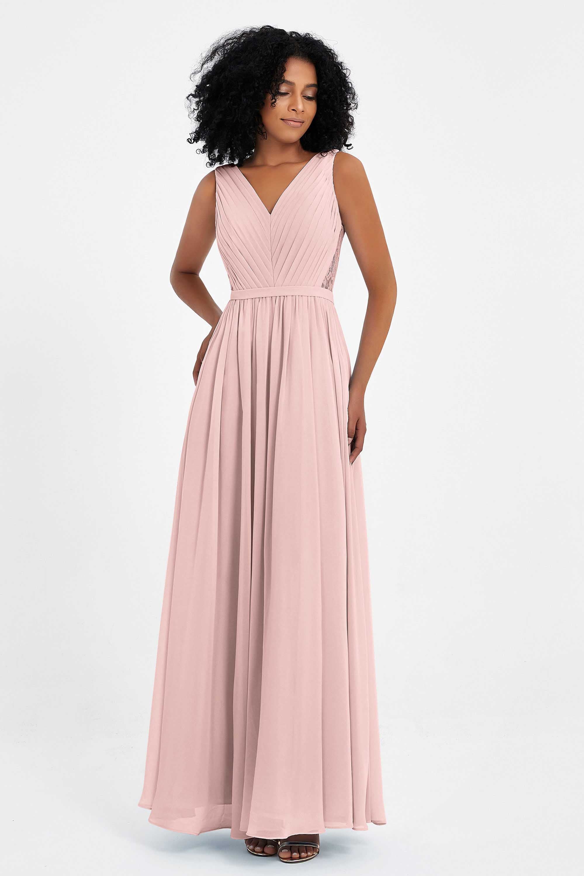 A Line Chiffon Bridesmaid Dress With Lace Ruched Sleeveless Formal Evening Prom Dresses