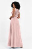 A Line Chiffon Bridesmaid Dress With Lace Ruched Sleeveless Formal Evening Prom Dresses