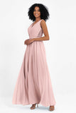 A Line Chiffon Bridesmaid Dress With Lace Ruched Sleeveless Formal Evening Prom Dresses