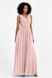 A Line Chiffon Bridesmaid Dress With Lace Ruched Sleeveless Formal Evening Prom Dresses