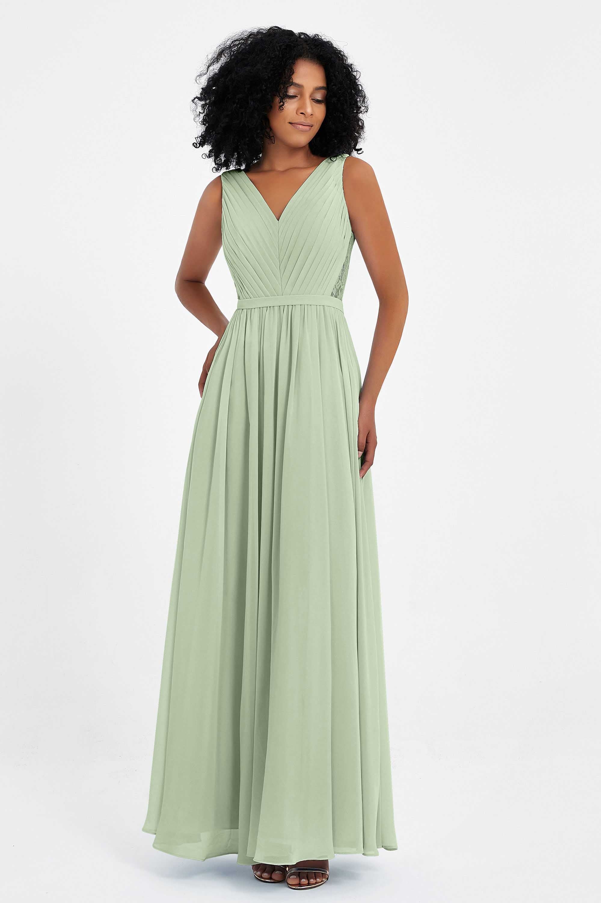 A Line Chiffon Bridesmaid Dress With Lace Ruched Sleeveless Formal Evening Prom Dresses