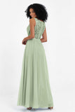 A Line Chiffon Bridesmaid Dress With Lace Ruched Sleeveless Formal Evening Prom Dresses