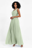 A Line Chiffon Bridesmaid Dress With Lace Ruched Sleeveless Formal Evening Prom Dresses