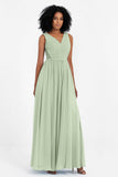 A Line Chiffon Bridesmaid Dress With Lace Ruched Sleeveless Formal Evening Prom Dresses