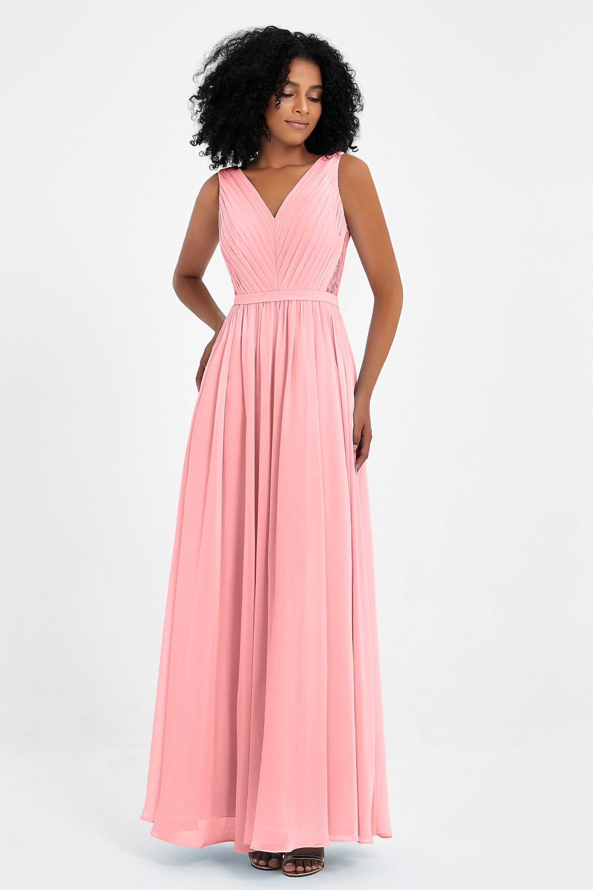 A Line Chiffon Bridesmaid Dress With Lace Ruched Sleeveless Formal Evening Prom Dresses