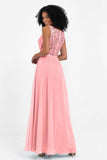A Line Chiffon Bridesmaid Dress With Lace Ruched Sleeveless Formal Evening Prom Dresses