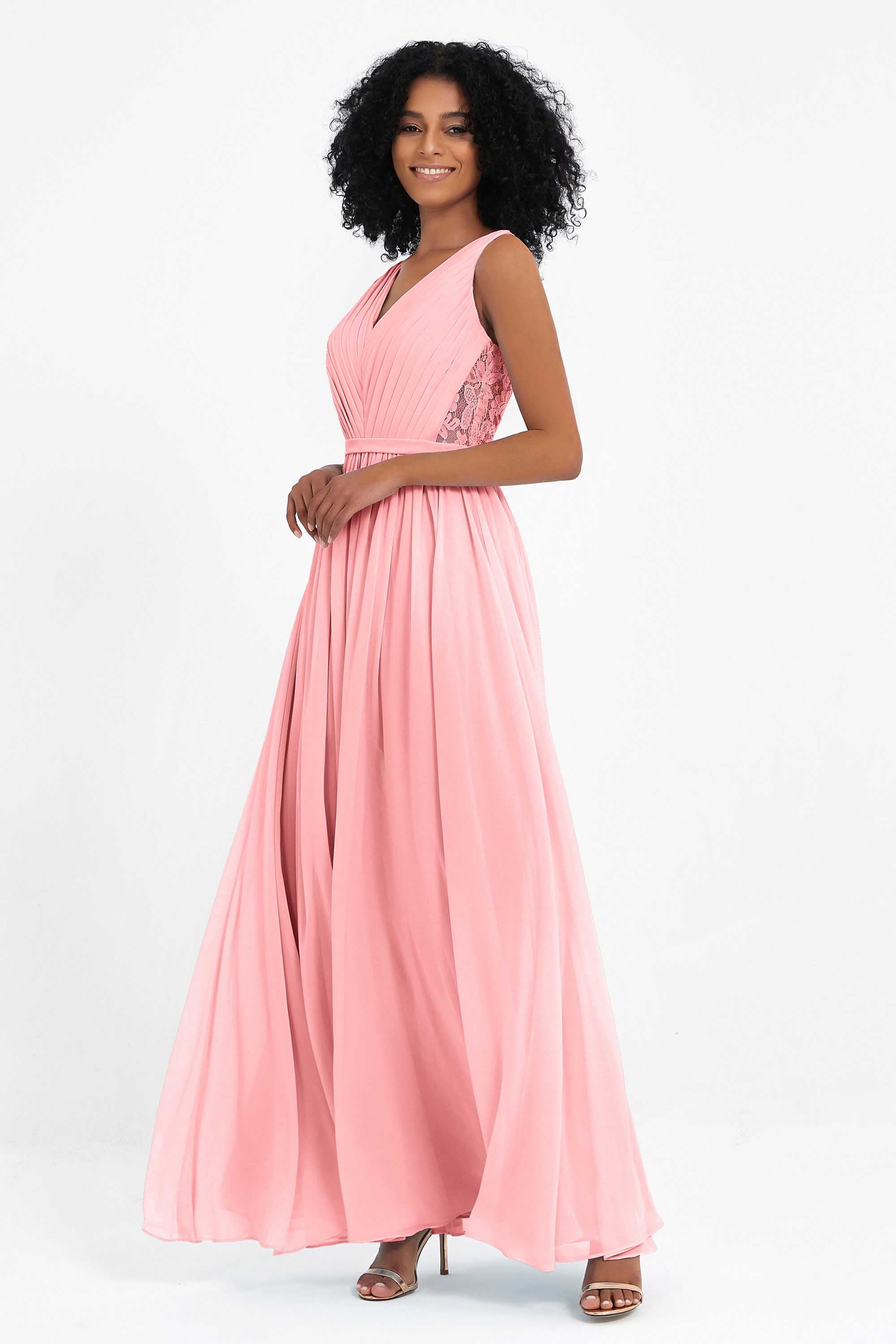 A Line Chiffon Bridesmaid Dress With Lace Ruched Sleeveless Formal Evening Prom Dresses
