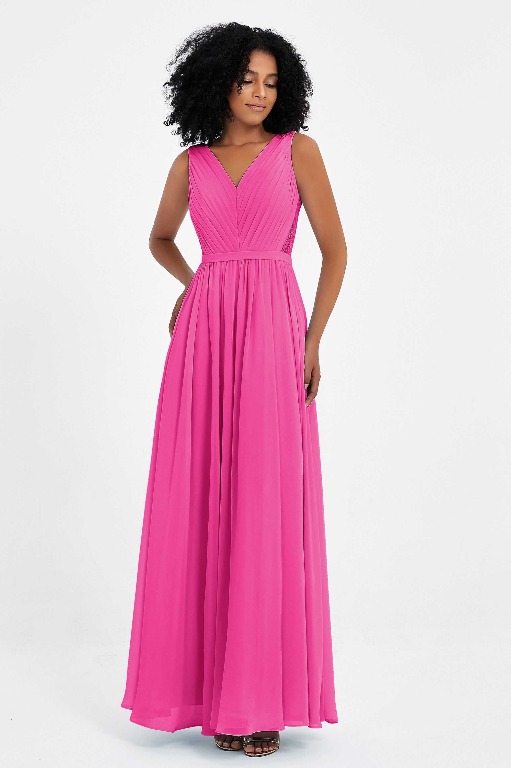 A Line Chiffon Bridesmaid Dress With Lace Ruched Sleeveless Formal Evening Prom Dresses