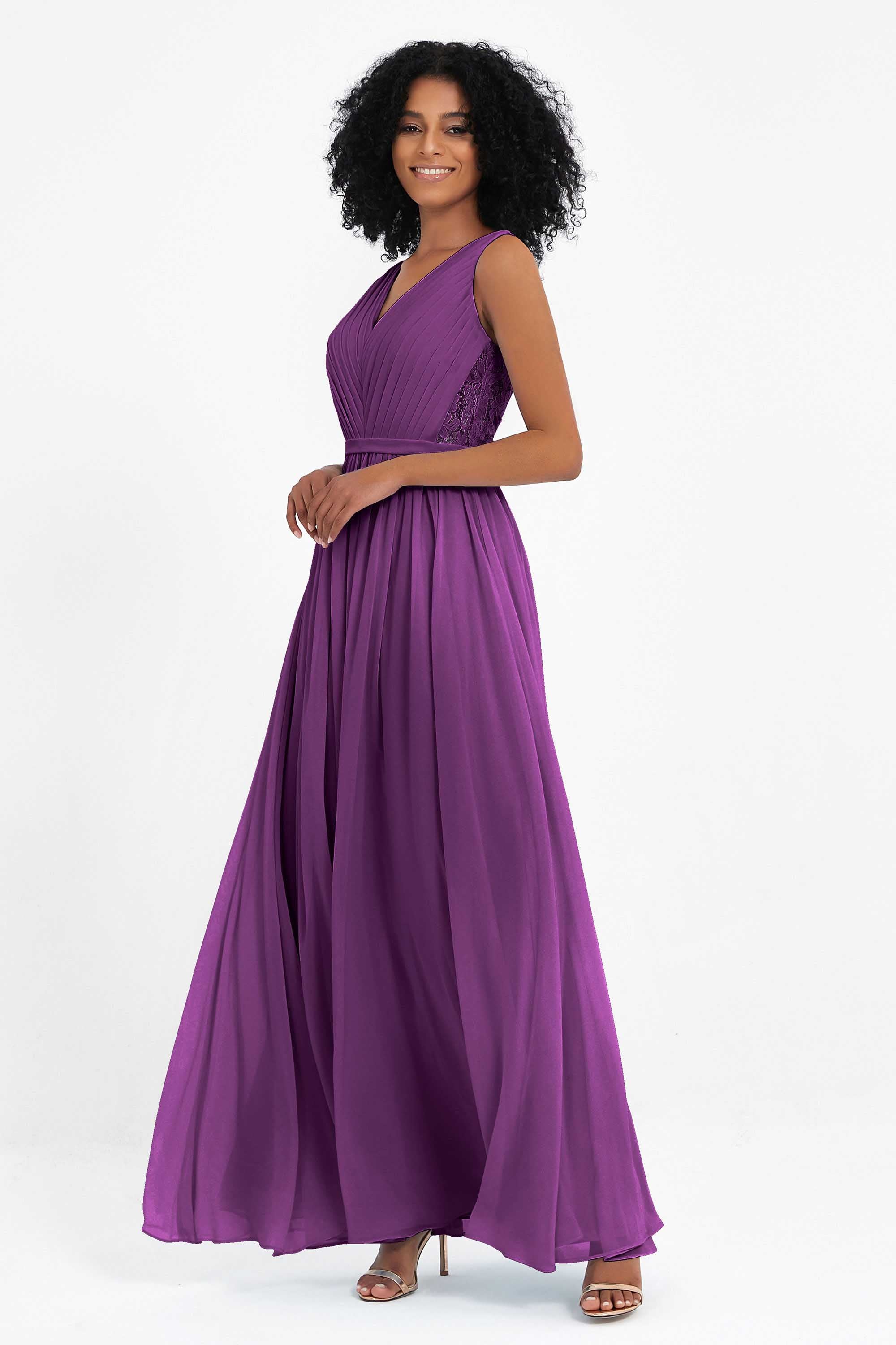 A Line Chiffon Bridesmaid Dress With Lace Ruched Sleeveless Formal Evening Prom Dresses