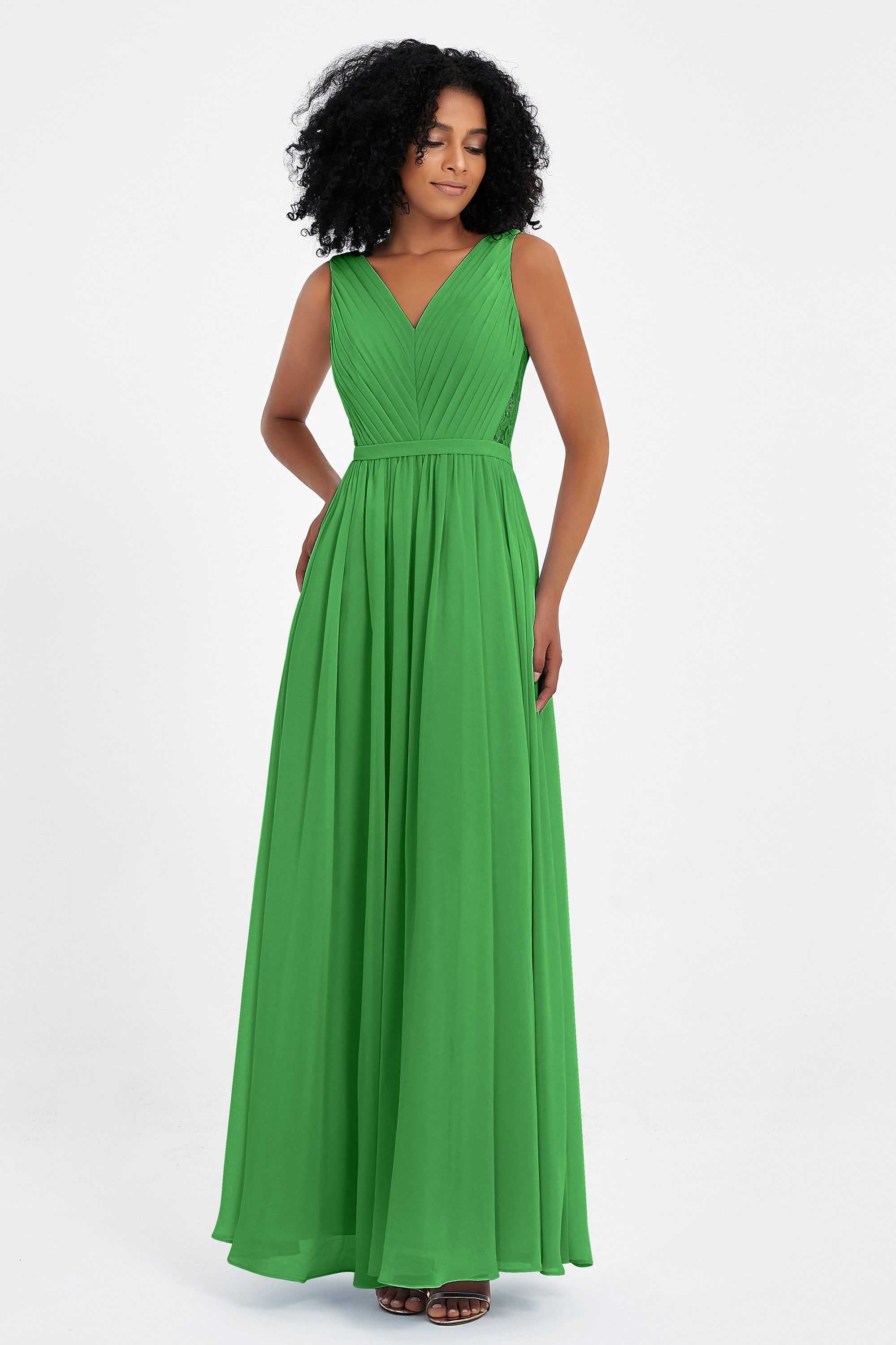 A Line Chiffon Bridesmaid Dress With Lace Ruched Sleeveless Formal Evening Prom Dresses