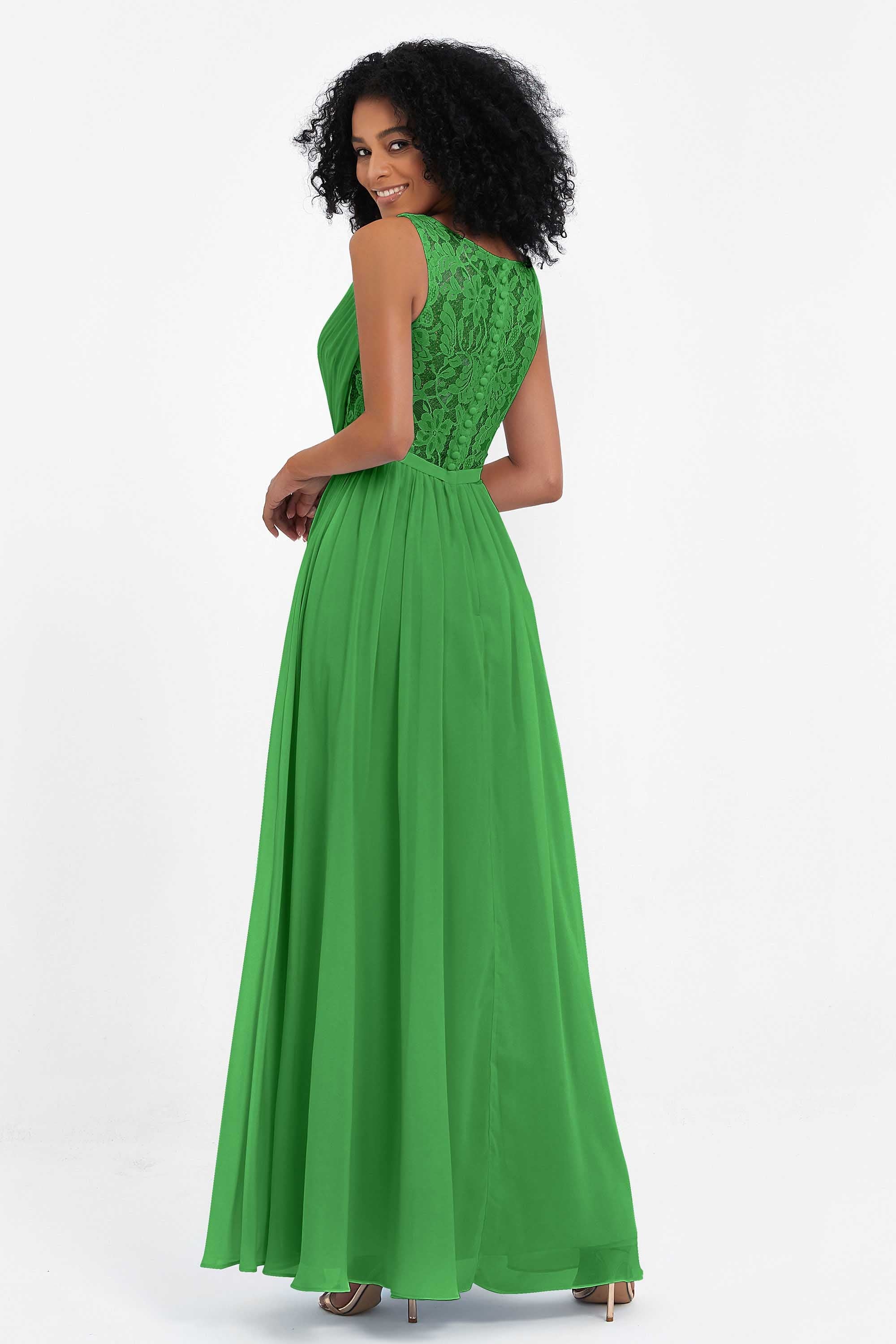 A Line Chiffon Bridesmaid Dress With Lace Ruched Sleeveless Formal Evening Prom Dresses