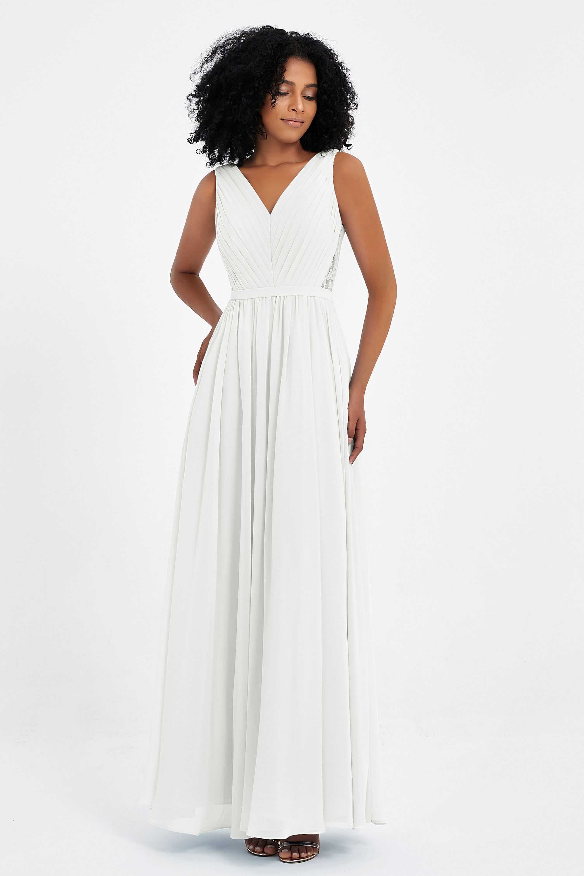 A Line Chiffon Bridesmaid Dress With Lace Ruched Sleeveless Formal Evening Prom Dresses
