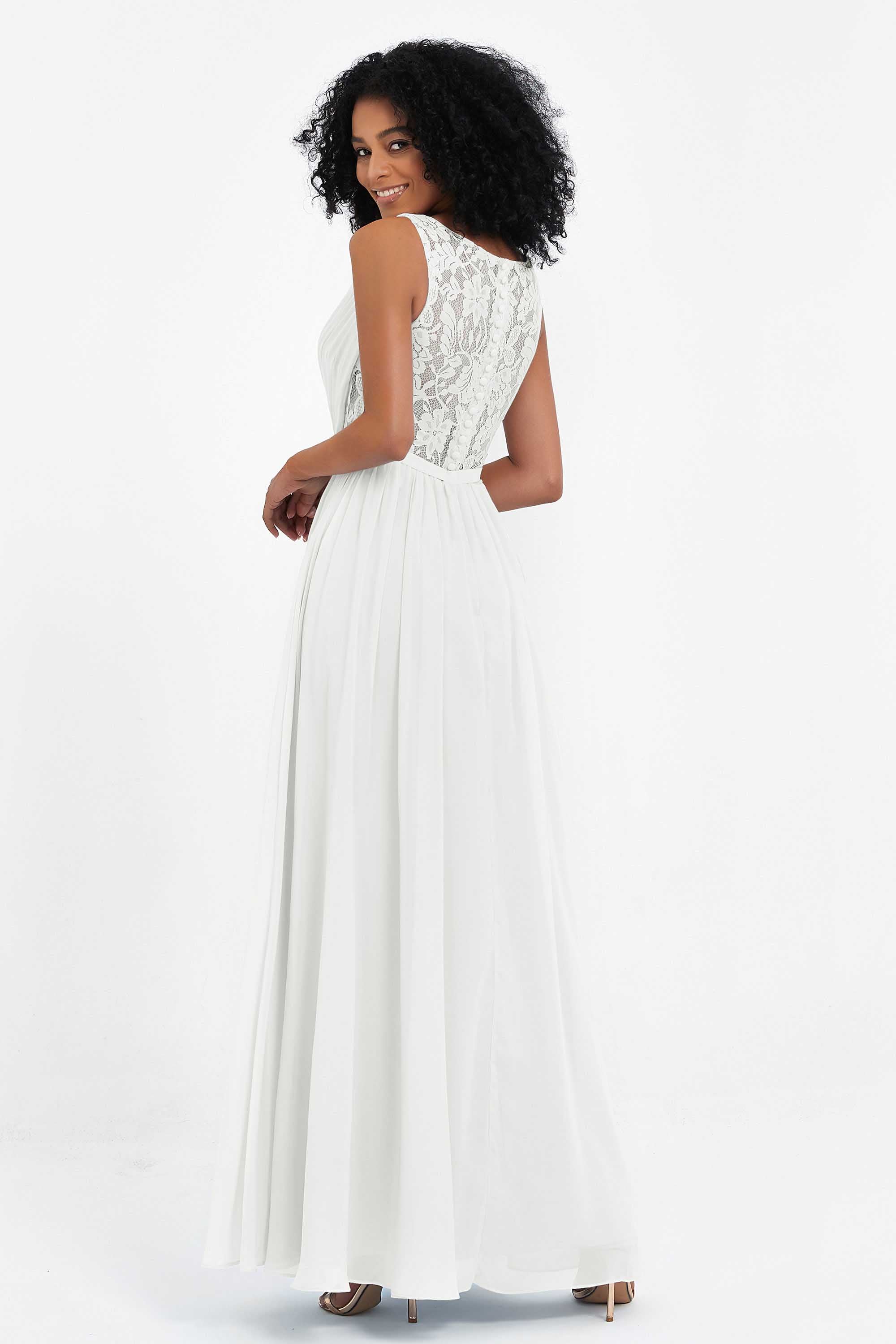 A Line Chiffon Bridesmaid Dress With Lace Ruched Sleeveless Formal Evening Prom Dresses