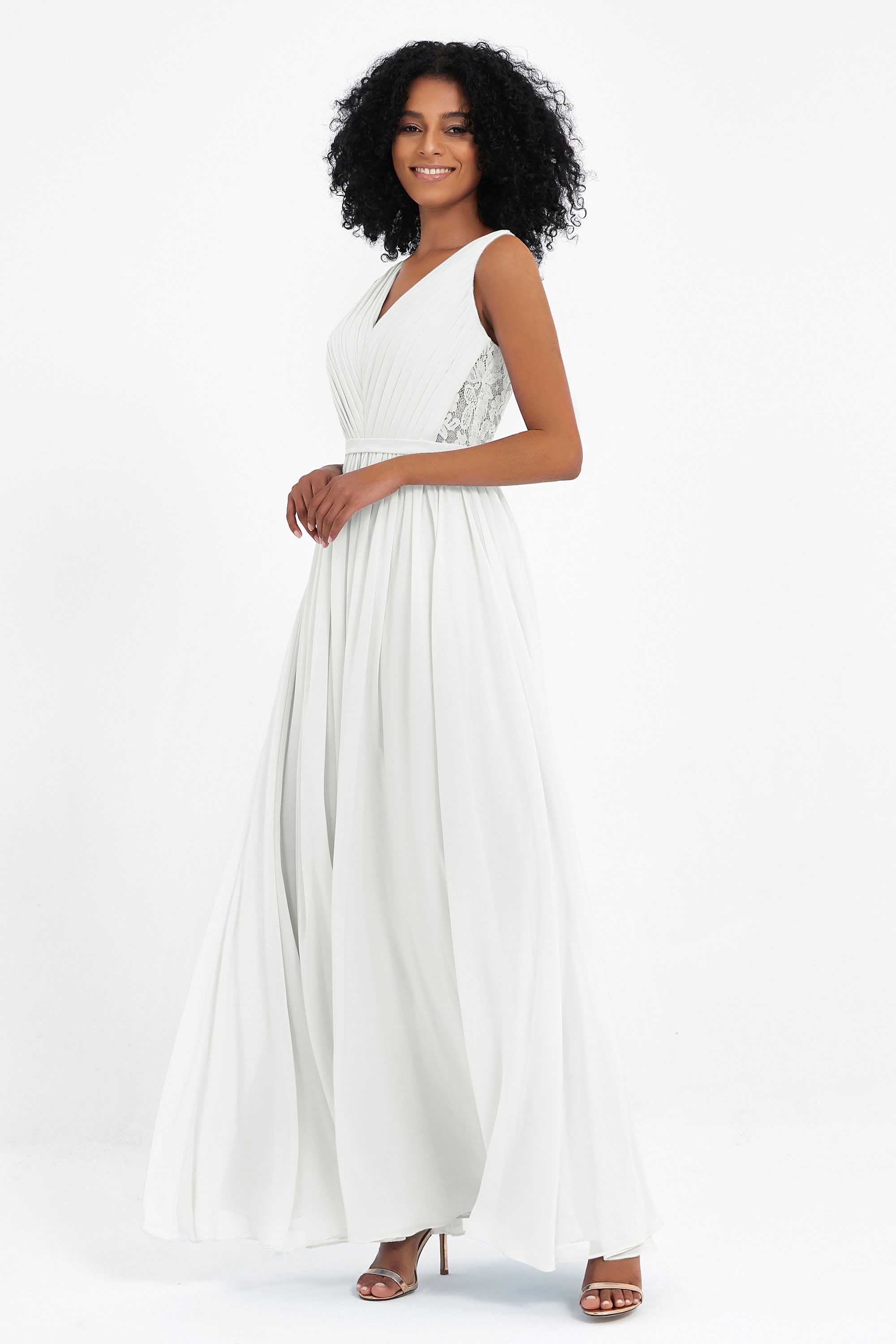 A Line Chiffon Bridesmaid Dress With Lace Ruched Sleeveless Formal Evening Prom Dresses