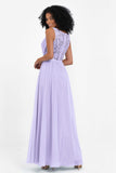 A Line Chiffon Bridesmaid Dress With Lace Ruched Sleeveless Formal Evening Prom Dresses
