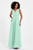 A Line Chiffon Bridesmaid Dress With Lace Ruched Sleeveless Formal Evening Prom Dresses