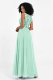A Line Chiffon Bridesmaid Dress With Lace Ruched Sleeveless Formal Evening Prom Dresses