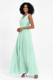 A Line Chiffon Bridesmaid Dress With Lace Ruched Sleeveless Formal Evening Prom Dresses