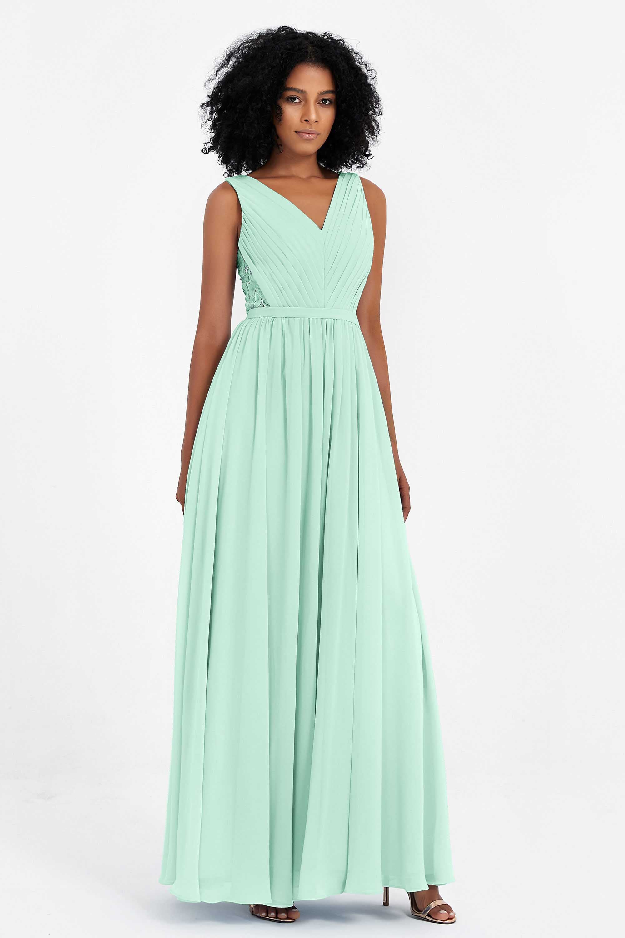A Line Chiffon Bridesmaid Dress With Lace Ruched Sleeveless Formal Evening Prom Dresses