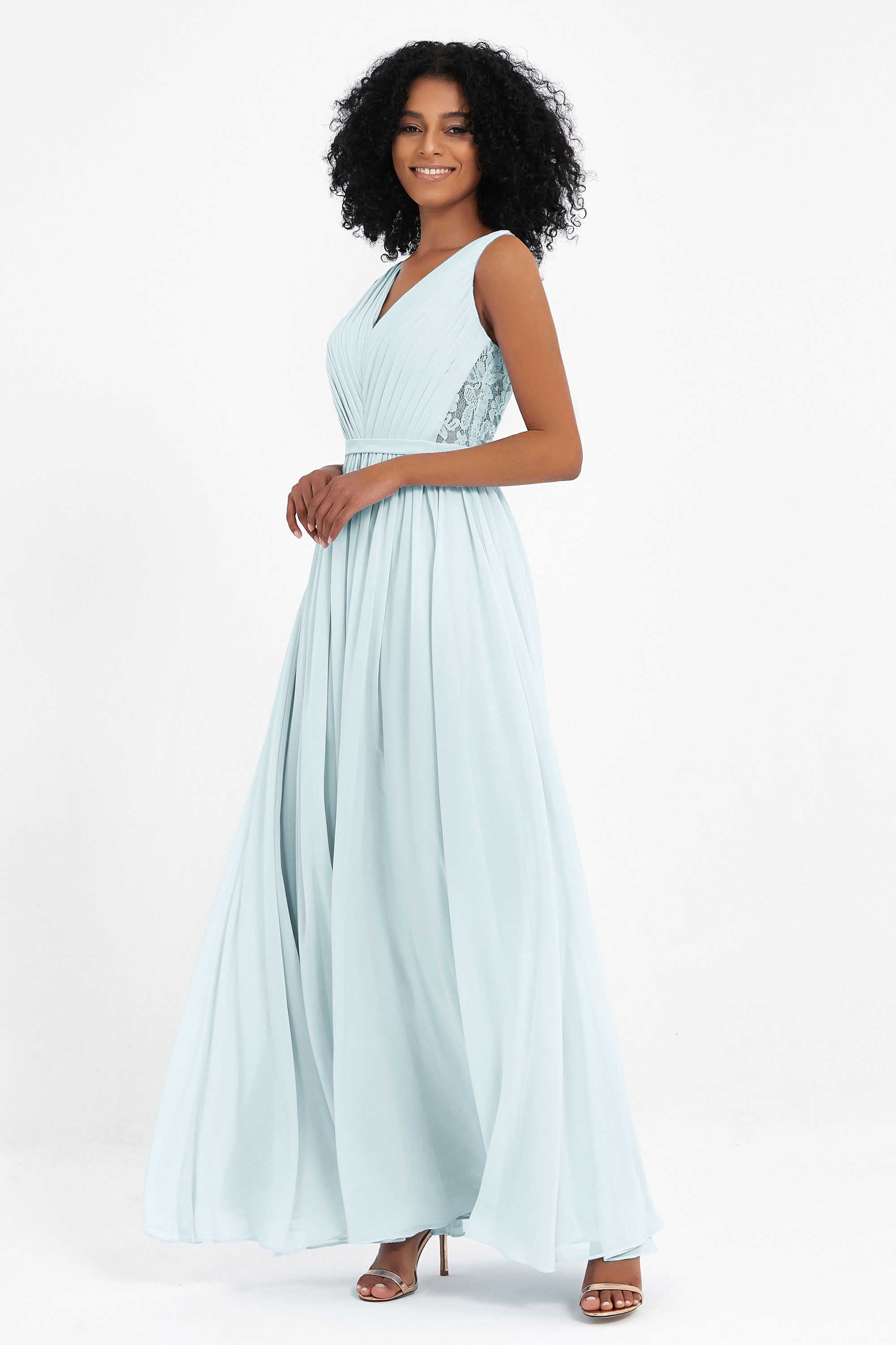 A Line Chiffon Bridesmaid Dress With Lace Ruched Sleeveless Formal Evening Prom Dresses