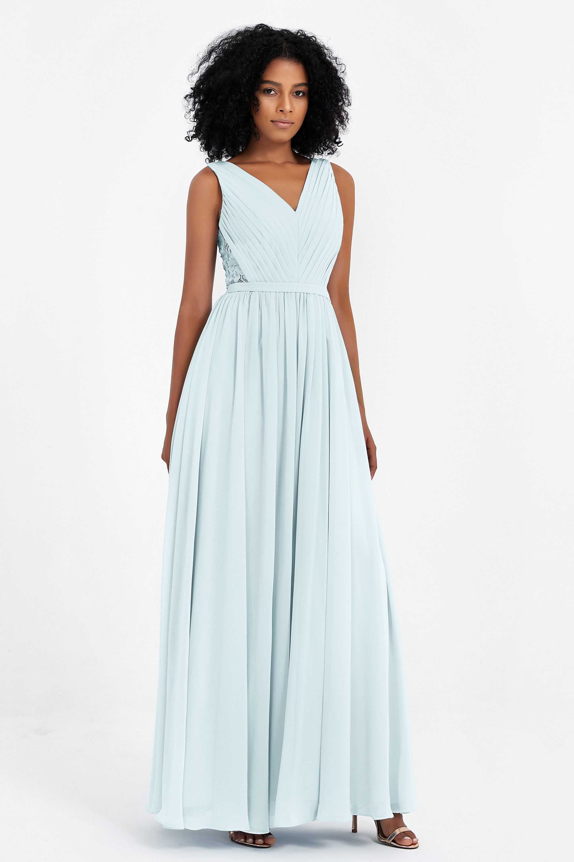 A Line Chiffon Bridesmaid Dress With Lace Ruched Sleeveless Formal Evening Prom Dresses
